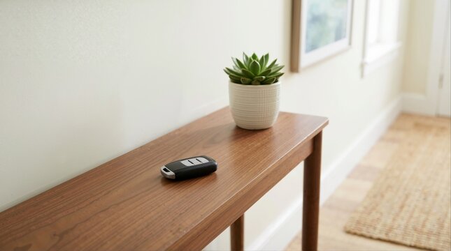 Car key fob resting on a wooden console table. Entryway interior with a potted succulent plant and hallway corridor