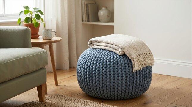 Blue knitted pouf with a cream blanket in a modern living room. Chunky knit ottoman and throw blanket beside a sofa