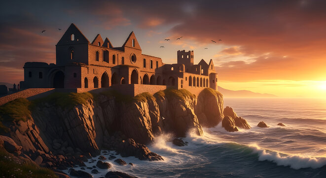 Historic Castle Perched on Rocky Cliff by Ocean.