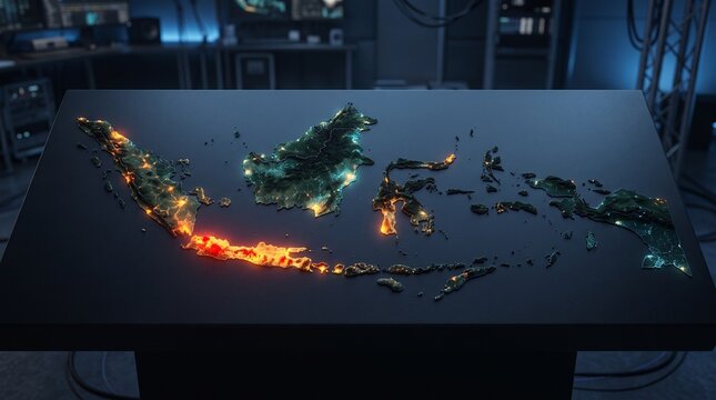 Digital map of Indonesia with glowing lava effect.