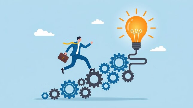 Strategy for success and implementation process featuring a businessman climbing gear steps to an idea.