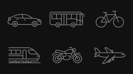 Naklejka premium A collection of transit and conveyance icons including car, bus, bicycle, train, motorcycle, and airplane.