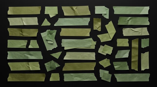 A collection of green torn washi paper strips and adhesive tape pieces.