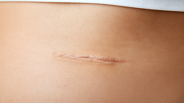 Close up view of a surgical scar on human abdomen skin, medical recovery and body mark concept banner, healthcare and surgery reminder