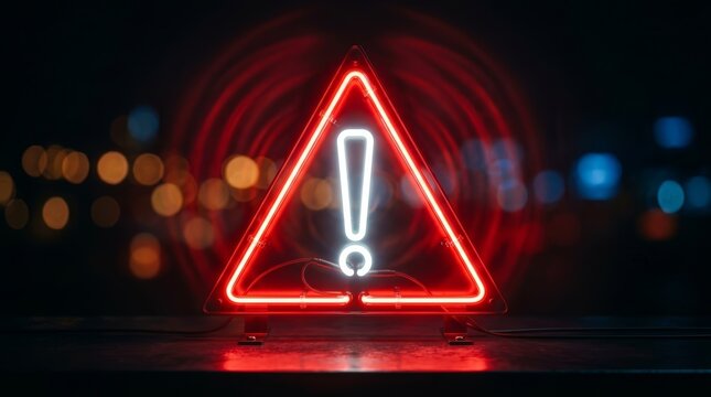 Alert signal featuring a bright neon red triangle and exclamation mark on a dark background.