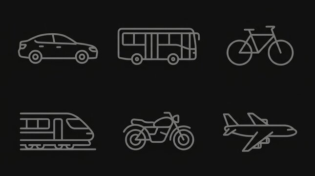 A collection of transit and conveyance icons including car, bus, bicycle, train, motorcycle, and airplane.
