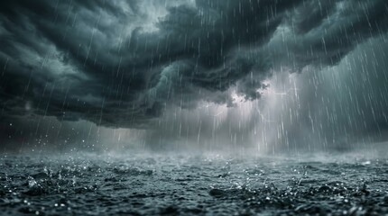 Naklejka premium Intense storm weather featuring heavy rain and dark ominous clouds in the sky.