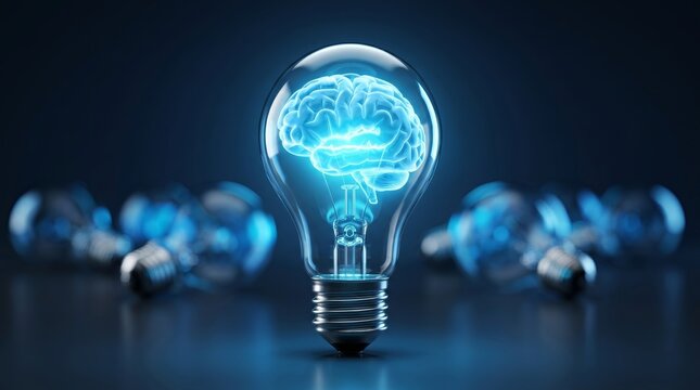 Symbolic representation of creativity featuring a glowing brain within a lightbulb against a dark background.