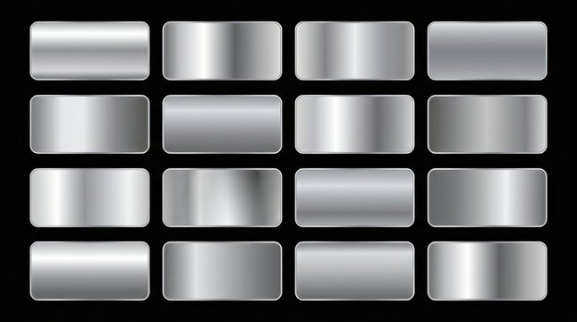 Set of sixteen silver gradient buttons with rounded corners.