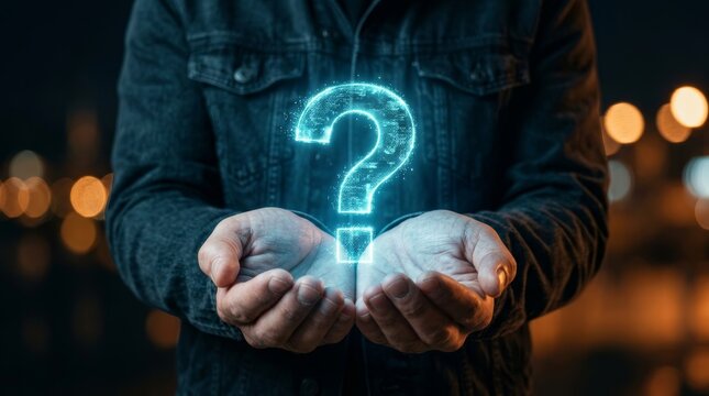 A digital glowing question mark floating between the hands of a businessman, symbol of innovation and technology.