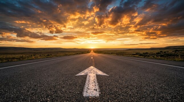 Long straight highway with a white directional arrow pointing forward toward a sunset.