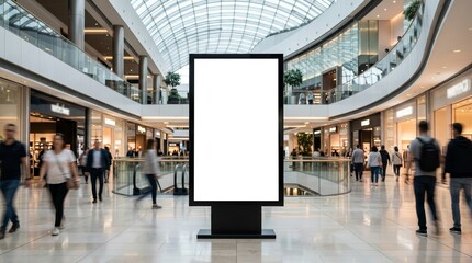 Naklejka premium Vertical black advertising mockup billboard mounted in a busy shopping mall interior.
