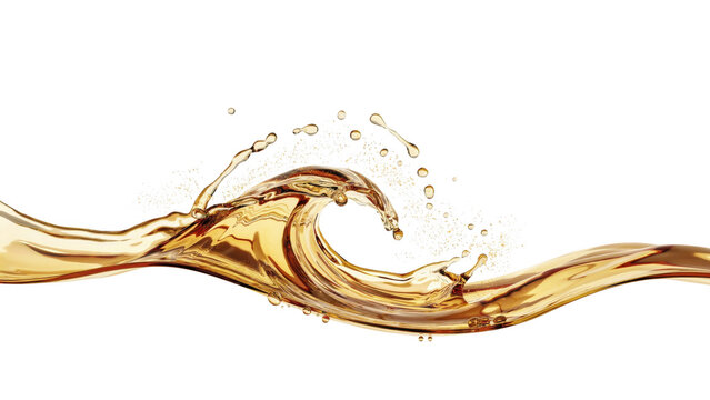 A dynamic golden liquid splash forming a wave shape with scattered droplets and bubbles, captured in motion against a deep black background, studio