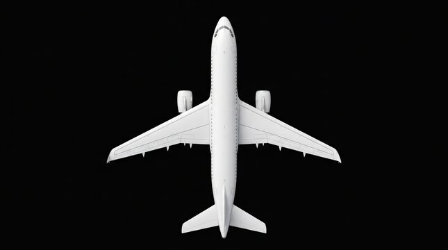 A commercial white airplane viewed from above, isolated on a transparent background.