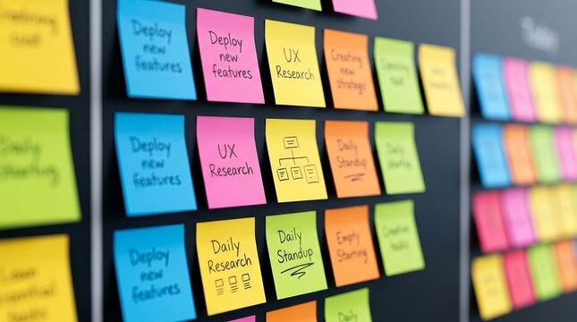 Agile project management concept featuring a wall of colorful sticky notes and progress indicators.
