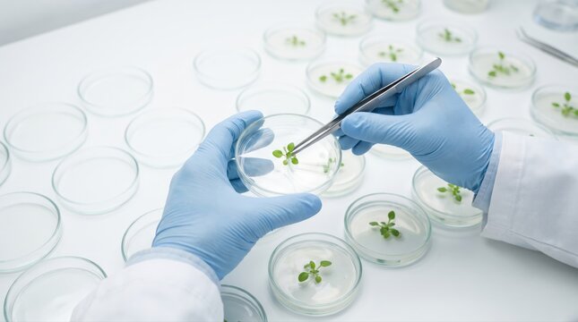 Scientist carefully examines plant samples in a laboratory. This research drives sustainable ingredient development for advanced beauty and skincare products.