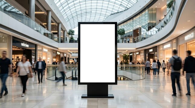Vertical black advertising mockup billboard mounted in a busy shopping mall interior.