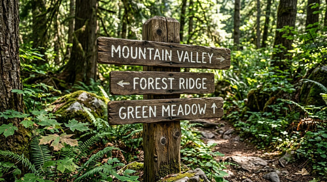 Wooden signpost with arrows pointing to mountain valley, forest ridge, and green meadow.