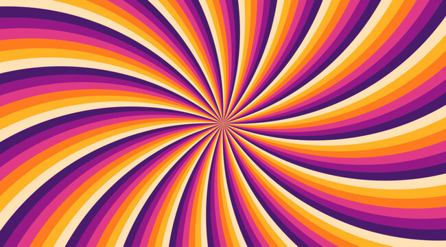 Retro psychedelic spiral background with colorful twisted sunburst waves. Vector illustration.