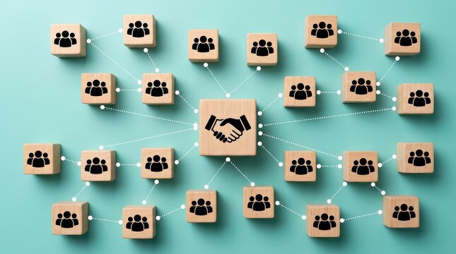Corporate business deal agreement concept featuring a handshake icon on a wooden cube linked to people icons.
