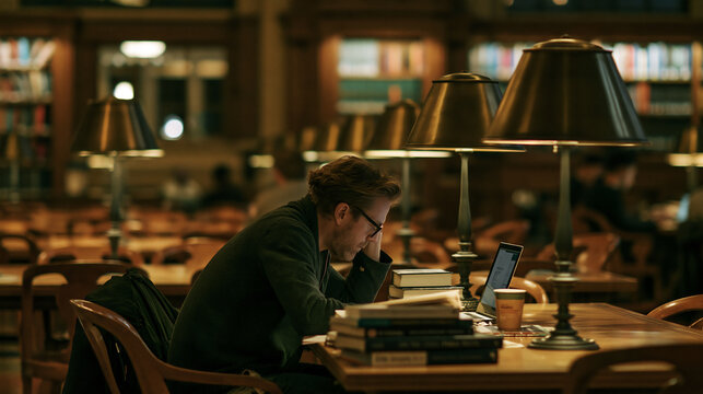 Adult in their 40s studying at a public library table, night .Ai gen
