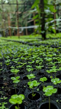 Neat rows of young seedlings in a snail farm nursery signal growth and regeneration, vital for sustainable heliciculture.