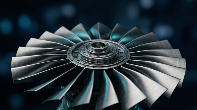 Close-up view of a turbine engine showcasing complex metallic textures and engineering details.