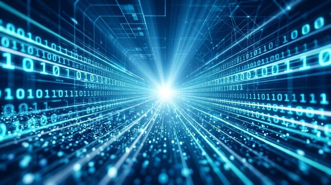 A blue digital background with flowing binary code and high speed data transmission for network security.