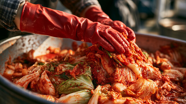 Hands in red gloves mixing napa cabbage kimchi, Korean fermented food