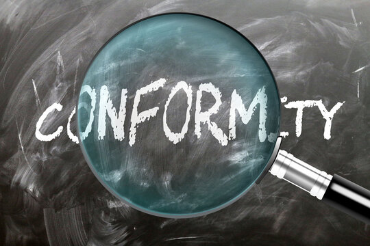 Conformity - learn, study and inspect it. Taking a closer look at conformity. A magnifying glass enlarging word 'conformity' written on a blackboard ,3d illustration