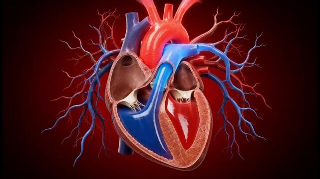 3D animation of human heart cross section showing blood flow and cardiac cycle.