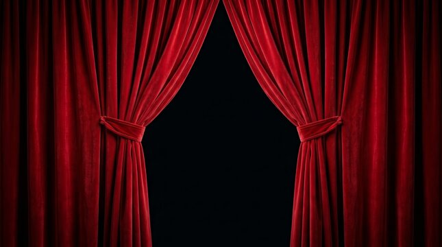 Elegant red velvet theater curtains draped on a dark isolated backdrop.