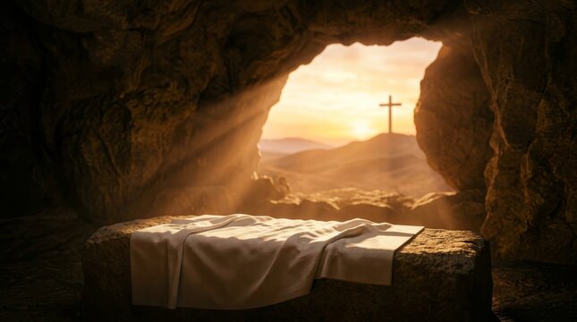 A golden sunrise at the empty tomb representing the resurrection of Jesus and the hope of Christianity.