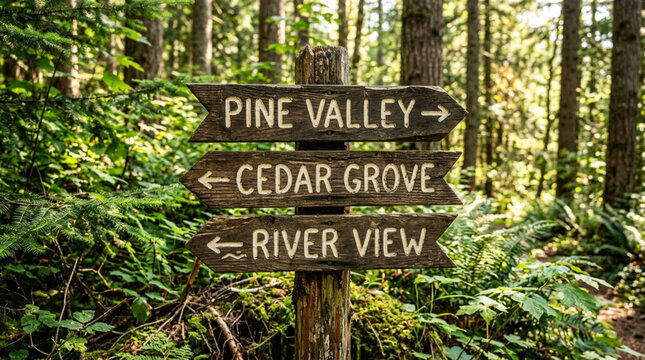 Wooden signpost in forest with directions to Pine Valley, Cedar Grove, River View.