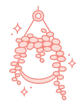 Pink plant hanging pot outline drawing trailing houseplant sparkling Hoya vine hand drawn doodle isolated clipart. Botanical indoor garden planter coquette pastel aesthetic cute line art illustration.