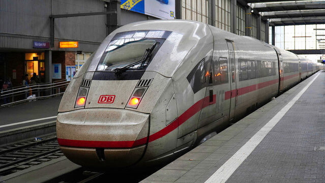 Munich, Germany . High-speed DB ICE train at the platform of Munich Hauptbahnhof (Munich Central Station)
