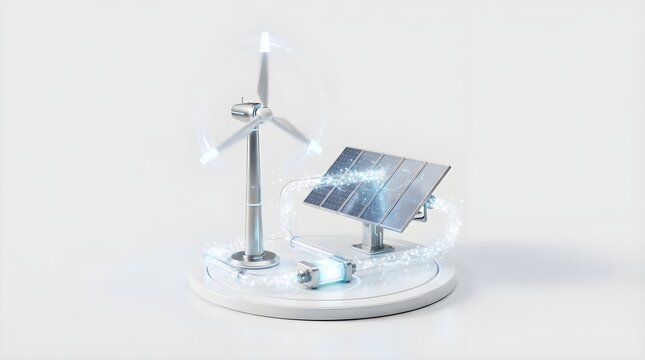 Miniature renewable energy display featuring small wind turbine and solar panel on white base, demonstrating sustainable power generation, clean energy technology, and eco-friendly innovation concept.