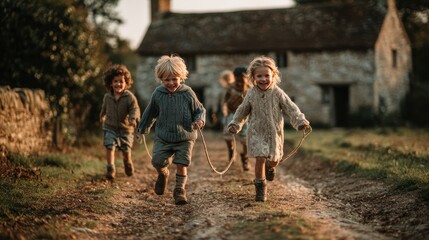 Fototapeta premium Group of children running and playing outdoors with a rope on a sunny day near a rural cottage