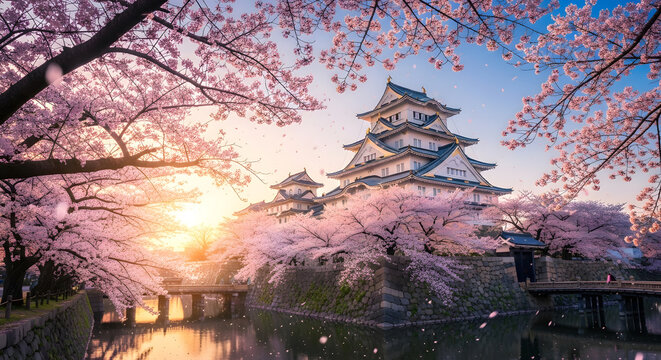 Historic Japanese Castle Surrounded by Cherry Blossoms at Dawn.