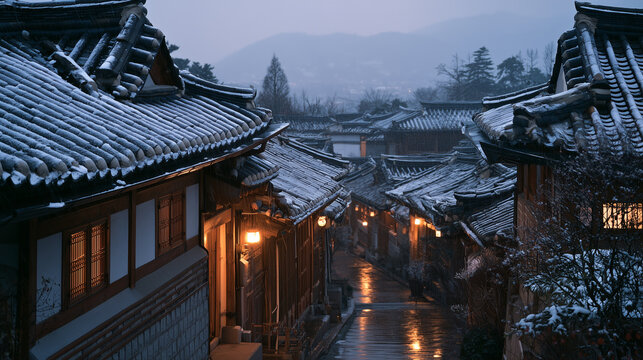 First snow on a traditional Korean hanok village at dusk with warm windows
