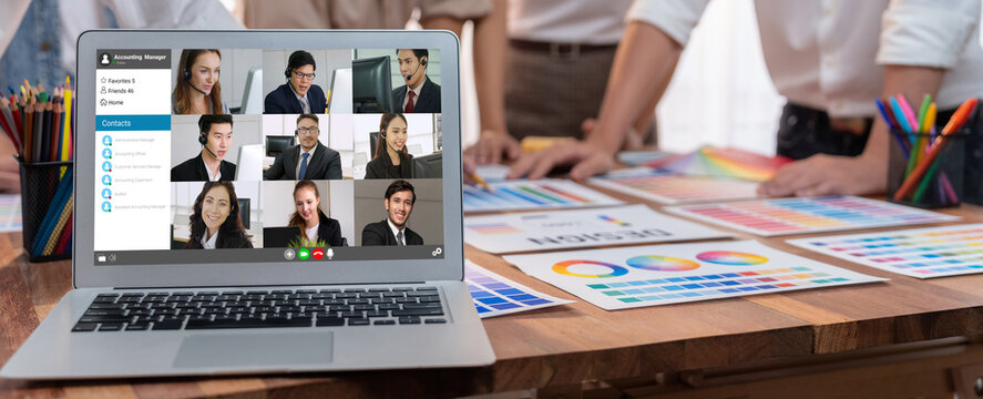 Business people on video conference for brisk virtual group meeting of corprate business office workers