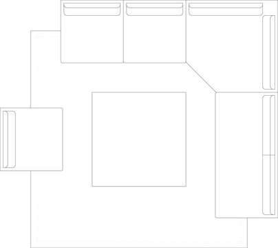 Modern L Shaped Sectional Sofa and Coffee Table Top View Vector CAD Block Lines Black Isolated. 3