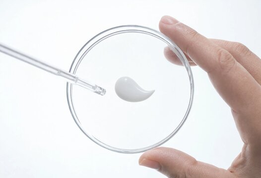 Hand holding a petri dish with a cosmetic cream sample and dropper. This image highlights scientific beauty product formulation and quality control.