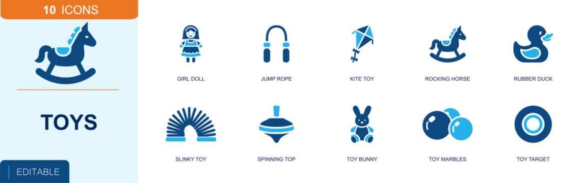 Children's toys icon set. Containing girl doll, jump rope, kite, rocking horse, rubber duck, slinky spring, spinning top, bunny plush toy, toy marbles and more. Solid fill vector icons.