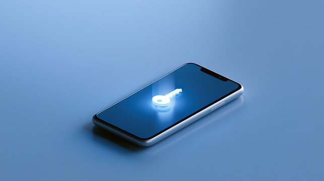 Digital security concept with a glowing key icon displayed on a modern smartphone screen against a clean blue background surface studio shot
