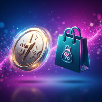 Gold coin with lightning symbol floating next to a glowing blue shopping bag for cash back rewards, fast online transaction, flash sale promotion, digital e-commerce deals, and futuristic finance conc