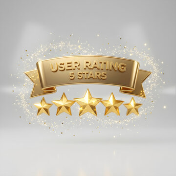 Golden stars badge displaying user rating 5 stars text on a golden ribbon with glowing sparkles for customer feedback, business excellence award, online review score, quality guarantee, and prestige c
