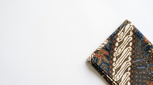 Folded piece of traditional Indonesian batik fabric with floral patterns on white background.