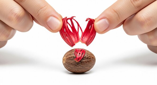 Hands peeling vibrant red mace from a whole nutmeg seed, showcasing a fresh culinary spice ingredient