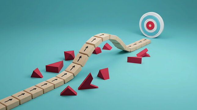 Wooden blocks with arrows making a winding path leading to a target bullseye